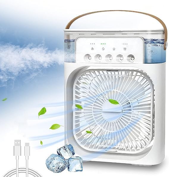 Drumstone USB Portable Air Cooler Fan – Mini Desk Cooler with Water Tank, 3 Speed Airflow, 3 Mist Modes, LED Night Light & Timer for Bedroom and Office