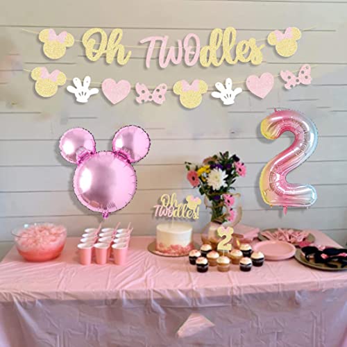 Oh Twodles Balloons Minnie Second Birthday Mouse Banner Cake Topper 2Nd Banner Party Supplies Decorations Photo Prop For Girl Baby Bday Pink #TOP1