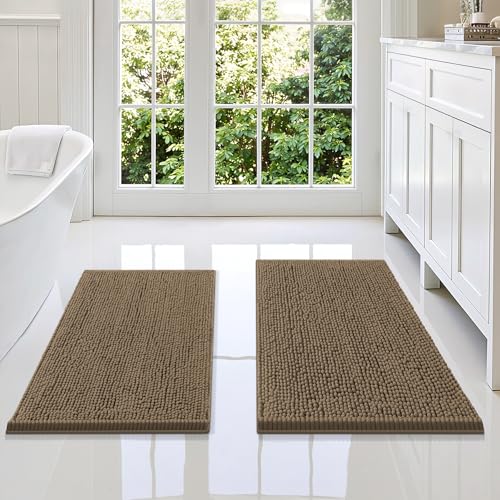 Image of Smiry Bathroom Rugs Sets 2 Piece, Soft Absorbent Chenille Machine Washable Non Slip Shaggy Bath Rug Set for Tub, Shower, and Floor (34x21+30x20, Camel)
