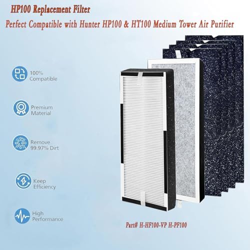 Replacement Filters for Hunter HP100/HT100 Mid-Tower Air Purifiers | 2× H13 HEPA Filter + 4× Activated Carbon Pre-Filters | Compatible with H-HF100-VP/H-PF100 (Part 30617/30601) - Thumbnail 3