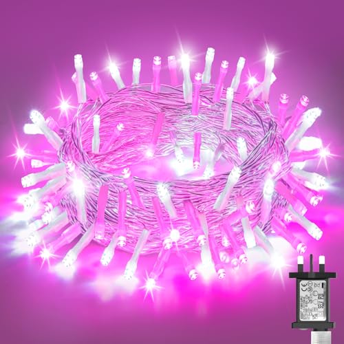Dalugo Christmas Fairy Lights, 20M 200 LED Tree Lights with Timer, Memory Function, 8 Modes, Waterproof White Pink String Lights, Mains Powered for Indoor Outdoor Xmas Tree Decorations