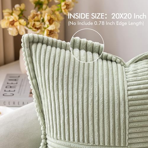 Image of MIULEE Spring Decorative Throw Pillow Covers for Couch Bed Livingroom 20x20 Inch Set of 2 Light Green Boho Accent Throw Pllows Broadside Striped Patchwork Soft Corduroy Summer Pillowcases