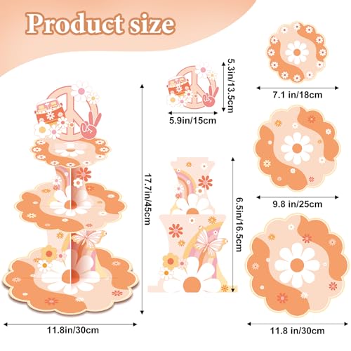 Zopeal 3 Tier Groovy Cupcake Stand Two Groovy Party Decorations Boho Hippie Birthday Party Decor Daisy Flower Dessert Tower for Boho Retro Hippie Theme Cake Birthday Decoration Supplies