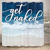 KOMLLEX White Get Naked Shower Curtain Bathroom 72Wx72H Inch Ocean Beach Blue Sea Wave Shower...