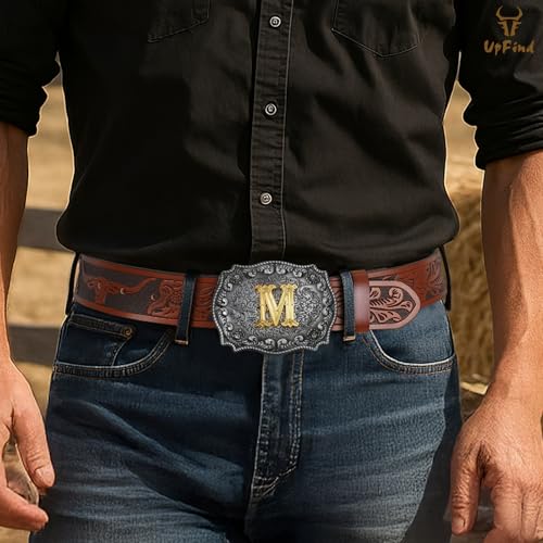 Western Cowboy Leather Belt Men Women, Gold Initial Letters ABCJMZ Buckle Embossed Belt for Jeans