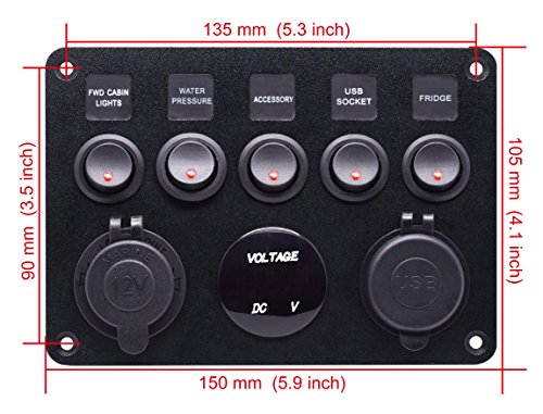 Cllena Dual Usb Socket Charger 2.1A&2.1A + Led Voltmeter + 12V Power Outlet + 5 Gang On-Off Toggle Switch Multi-Functions Panel For Car Marine Boat Rv Truck Camper Vehicles (Red) #TOP2