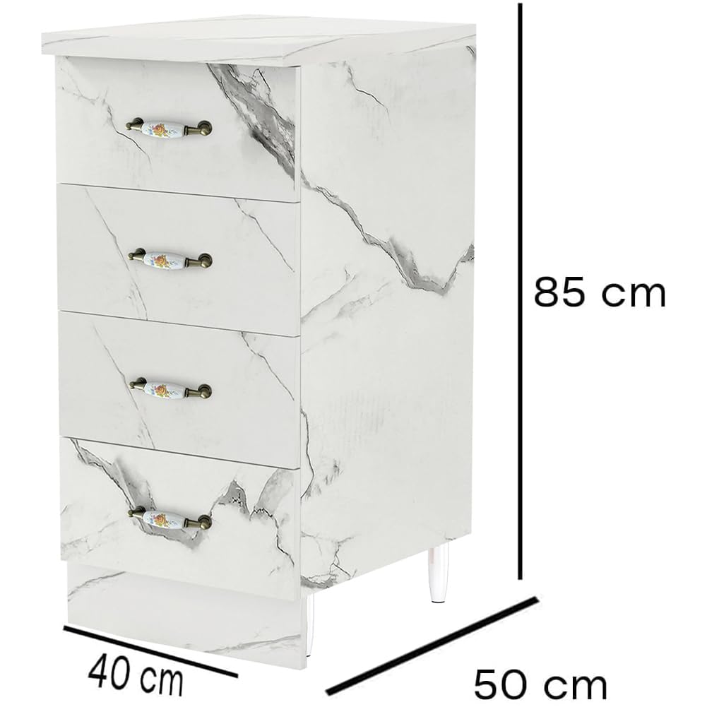 Shally Dogan Cassettiera Mobile Base per Cucina con 4 Cassetti, Mobiletto Componibile con Struttura in Legno Solida e Resistente, Organizer Dimensioni 40 x 50 x 85H cm (Marmo)