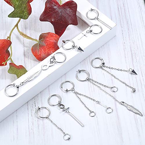 Magitaco 10 Pieces Hoop Dangle Earrings For Men Women Clip On Earrings Non Piercing Stainless Steel Dangle Hinged Hoop Earrings Long Chain Pendant Earrings Silver Kpop Earrings #TOP7