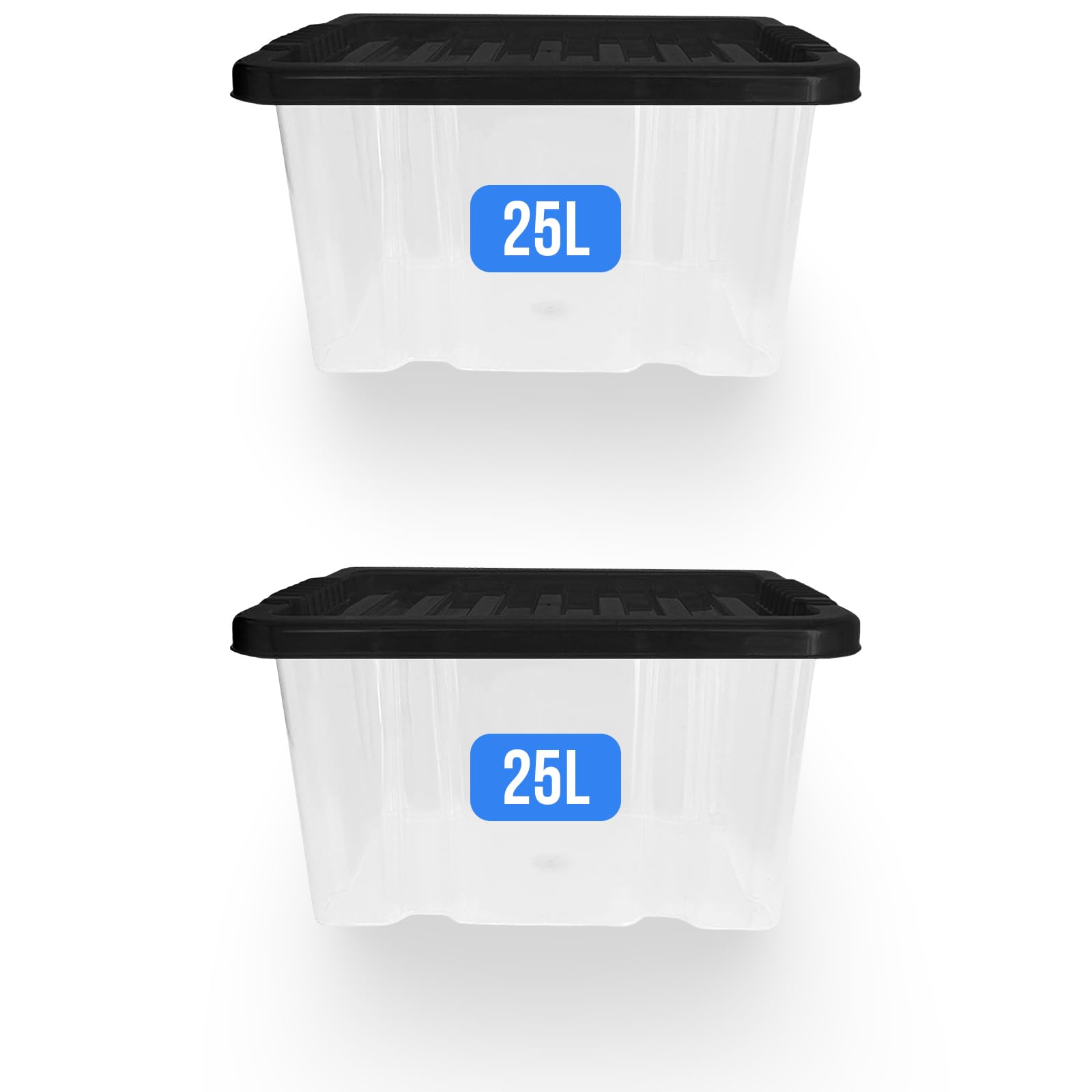 KAPCO Storage Boxes with Lids (2 x 25 Litre) | Transparent Plastic Storage Tubs with Black Snap-On Lid | Heavy Duty Box for Clothes, Kitchen, Garden Tools, Office, Shoes| BPA Free Plastic Containers