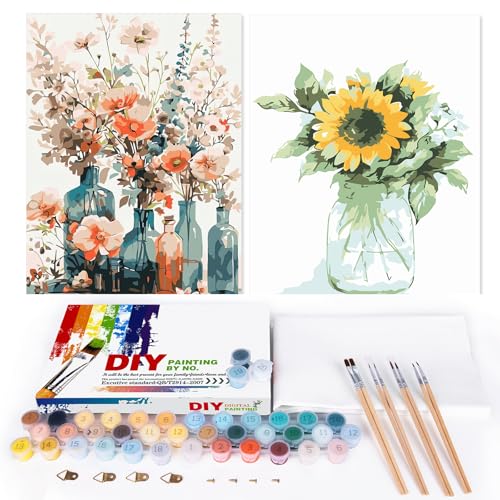 EFOTIML Paint by Numbers Kit pour adultes débutants et enfants, 1Pack 16x20 pouces Canva pour kits de peinture en bo?te colorée (sans cadre) - tournesol et fleur blanche (2PCS)