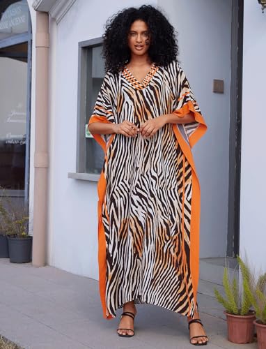 Image of KECVOT Kaftan Dresses for Women V-Neck Print Swimsuit Cover Up Plus Size Beach Caftan Lounge Dress
