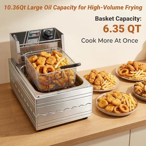 Image of Electric Deep Fryer with Basket, 1700W High Power, Stainless Steel Oil Fryer 10.5Qt Oil Capacity, for Home & Commercial Countertop, Adjustable Temperature Control