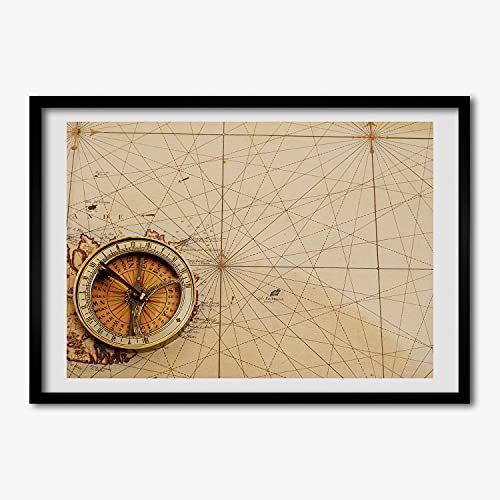 Tableau déco 70x50 cm Boussole Sur La Carte avec cadre en bois moderne pour bureau