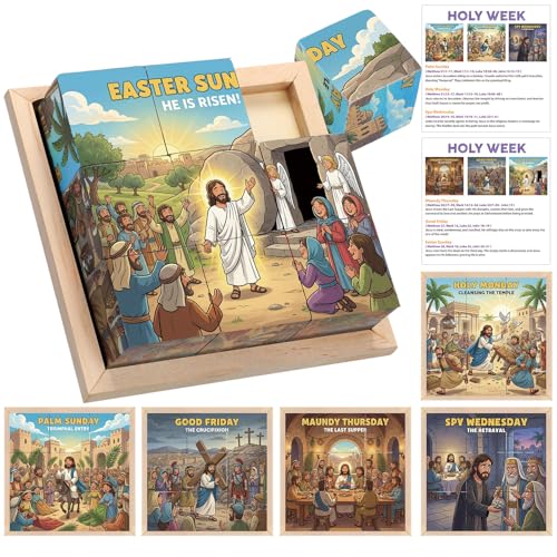 Soulchen Wooden Christian Easter Jesus Block Puzzles with Wooden Puzzle Tray Holy Week Story Card for Christian Educational Activity Easter Jigsaw Gift for Religious Sunday School Activities