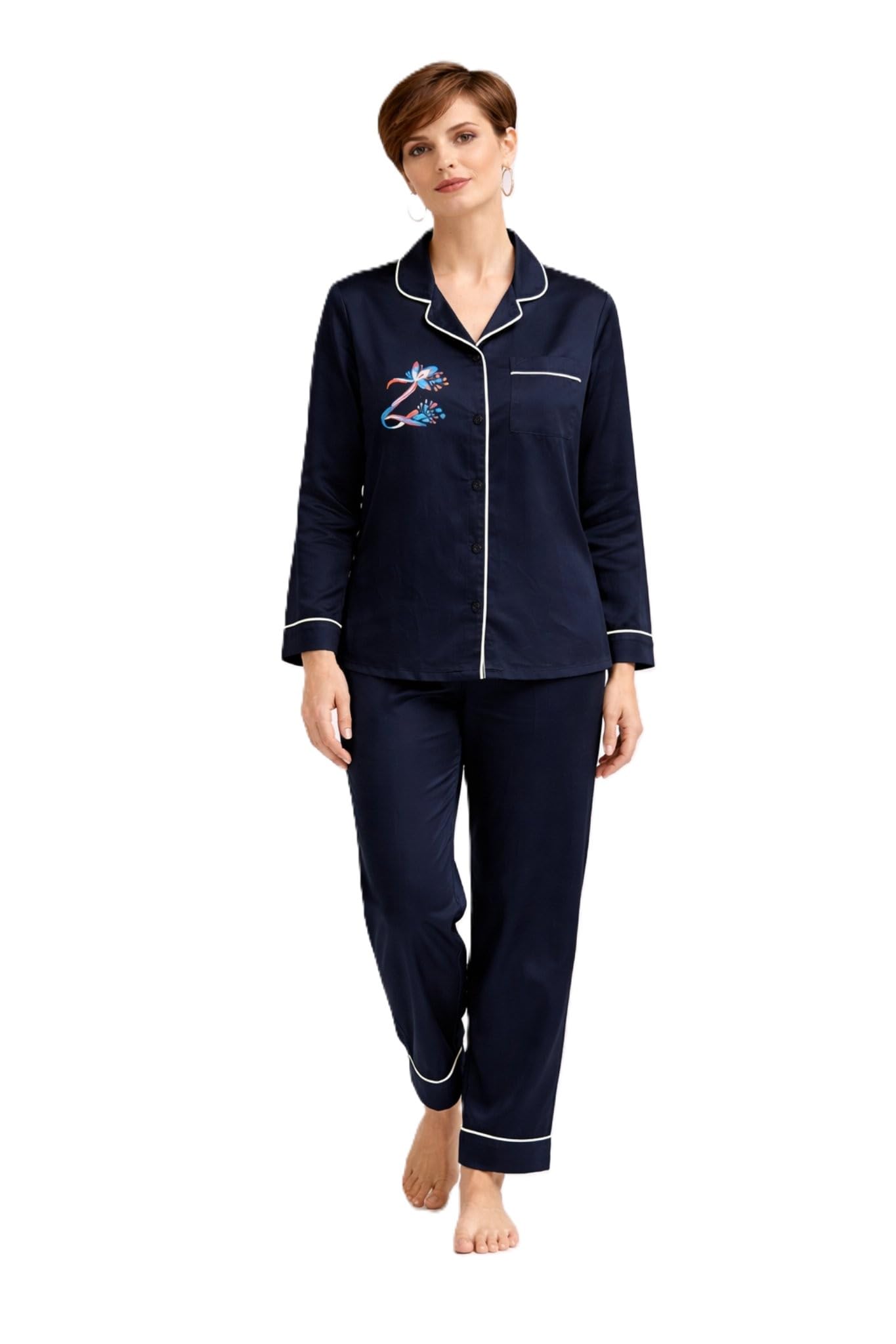 Zenith Navy Blue Hand-Painted Cotton Satin Boardroom-to-Bed Co-ord Set for Women | Premium Button-Down Shirt & Shorts Loungewear, Nightwear, Sleepwear, Vacation Lounge Set | M-image-25