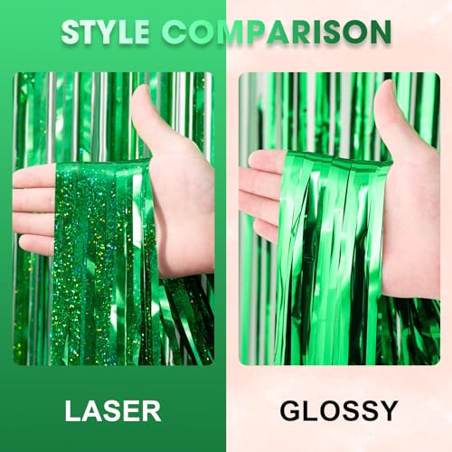Image of Voircoloria 2 Pack Laser Green Tinsel Foil Fringe Curtains, Green Party Decorations, Metallic Tinsel Party Streamers Backdrop for Birthday Baby Shower St Patrick's Day Christmas Party Decorations