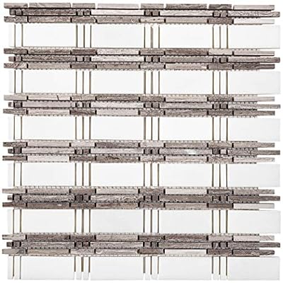 Apollo Tile 12 x 12 in. Accent Strip Mosaic White and Gray Polished Eastern White and Wooden Grey Marble Tile 5-Pack APLKB88P31A for Bathroom, Garage, Shower Wall/Floor, Kitchen Backsplash, Patio