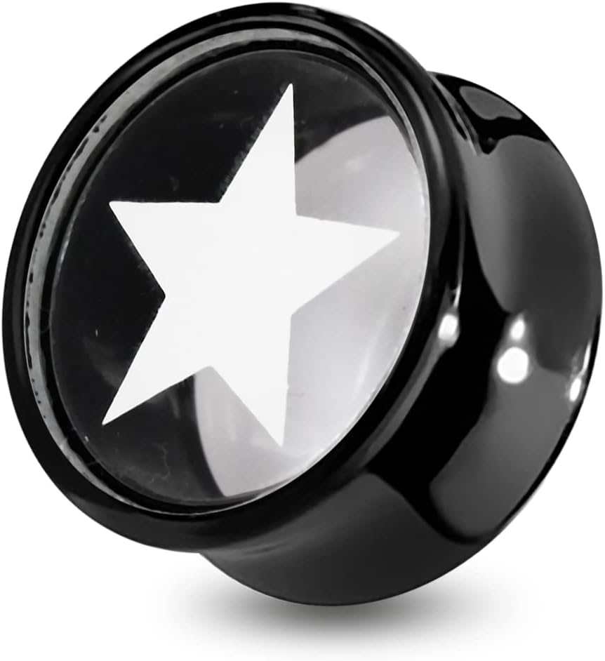 White Star Logo on Transparent Background with Black UV Double Flared Ear Plug - Sold by Piece