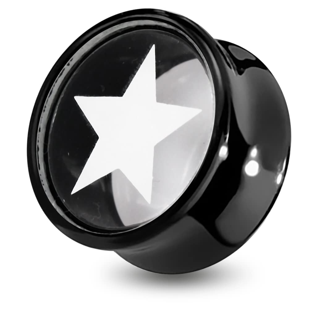 White Star Logo on Transparent Background with Black UV Double Flared Ear Plug - Sold by Piece