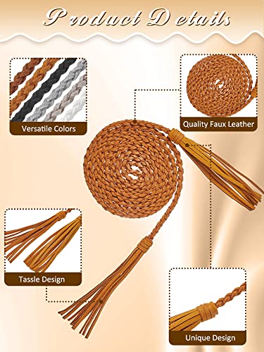 Geyoga 6 Pieces Women's Waist Belt Braided Woven Tassels Chain PU Leather Rope Skinny Tie Boho Fringe Belt for Skirt Dress4