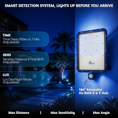 Image of Forus 200W LED Flood Light Blue with Motion Sensor Auto On Off Day Night Mode Waterproof Outdoor Security Light for Garden Parking Garage Factory Warehouse Shop High Bright Floodlight 4Yr Warranty-1Pc