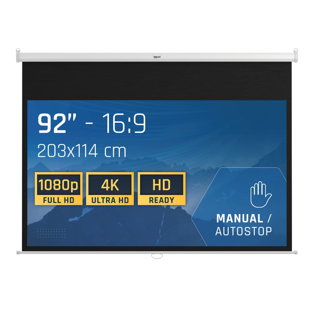 iggual Projection Screen, 92 Inches – Manual Panoramic Roll-Up – Format 16:9 – 180° Viewing Angle, Adjustable Height, Suitable for Wall/Ceiling – Compatible with 4K and Any Projector, (203 x 114 cm)