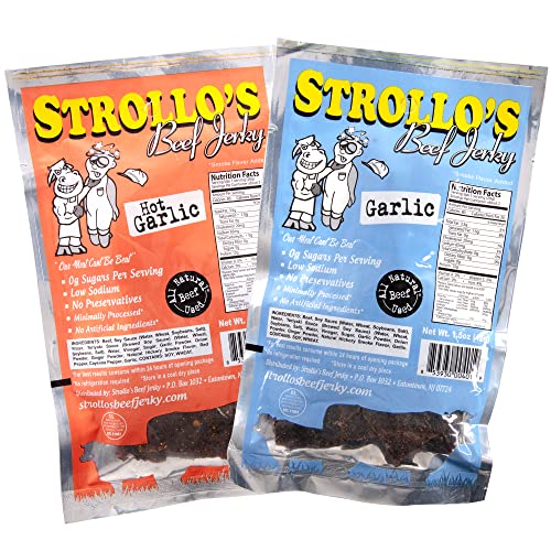 Strollo's Beef Jerky Snack Packs - Garlic and Hot Garlic 2 Pack - Low Sodium, Low Sugar, Low Carb - Made with All Natural USA Beef, USDA Certified- 1 of Each Flavor