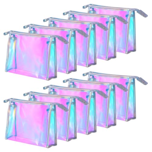 10 Pcs Iridescent Makeup Bags, Holographic Cosmetic Organizer, Waterproof Travel Toiletry Pouch with Zipper, Portable Organizer for Women, Clear PVC Gift Bags