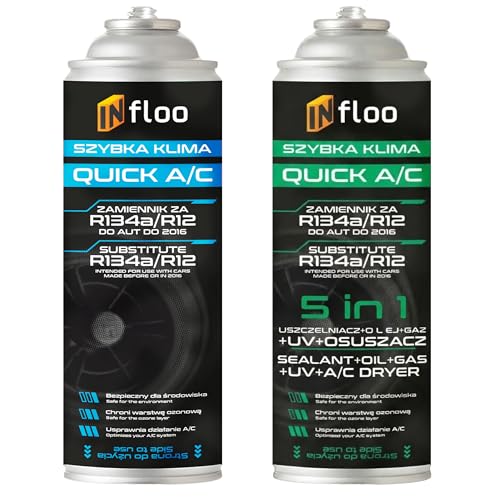 INfloo Quick A/C R134a 5in1 + Ersatzgas – Kältemittel mit Öl, Dichtmittel, UV und Trockner + Handschuhe – Auto Klimaanlage Befüllen 1994–2016