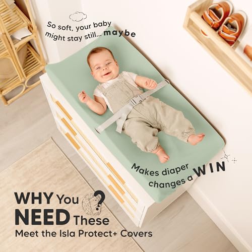 Image of 2-Pack Waterproof Changing Pad Covers Boy, Girl - 32x16 Soft Viscose Derived from Bamboo Baby Changing Table Cover, Wipeable Diaper Change Pad Sheets, Nursery Contour Baby Diaper Change Liner (Sage)