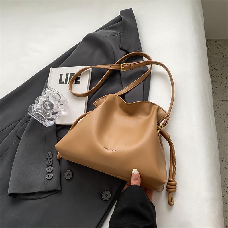 Image of Ladies' fashionable minimalist bag, drawstring bucket bag, single shoulder crossbody bag, pleated bag