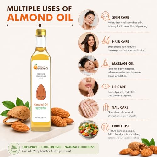Image of H&O Sweet Almond Oil - 100% Pure Cold Pressed Edible Badam Tel - 500ml Glass Bottle - For Healthy Skin, Hair and Body