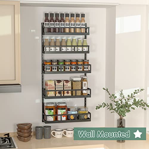 Yuzehuaza 5 Tier Adjustable Spice Rack For The Pantry Door, Wall Mounted & Over Door Spice Rack With Adjustable Metal Baskets, Hanging Door Organizer With Hooks For Kitchen Pantry Cabinet, Black #TOP3
