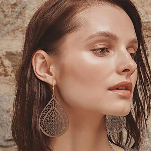 Wood Earrings for Women Natural Wooden Drop Dangle Earring 2 Pairs Lightweight Waterdrop Earring Set3