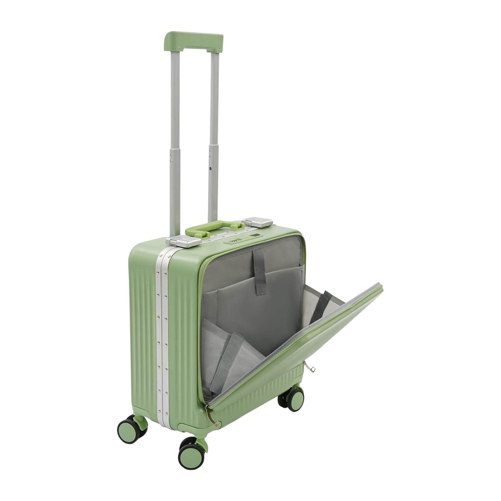 Valigia rigida da 45,7 cm con apertura frontale e porta USB, verde chiaro, Vintage | Valigia da viaggio in ABS e policarbonato, per viaggi brevi, trolley con 4 ruote, lucchetto a combinazione, portabicchieri