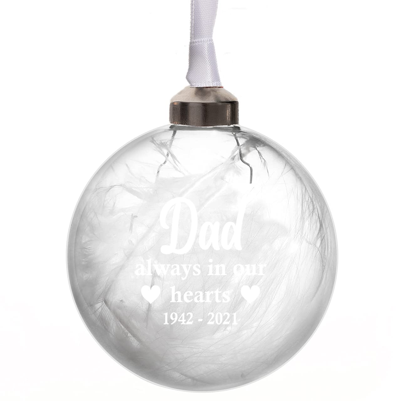 Always In Our Hearts Personalised Christmas Tree Memorial Decoration 8cm Glass Remembrance Bauble remember Any Name Mum Dad Nana Grandma Grandad Husband Wife In 11 Colours (White)