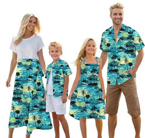 Cromoncent Matching Hawaiian Outfits for Family, Dad and Son Matching Luau Beach Tropical Shirts Mommy Daughter Tropical Sets，Hawaiian Shirt，Hawaiian Teal,2-3Y=Tag100