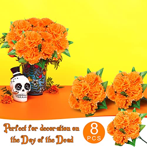 Tigeen 8 Bundles Marigold Flowers Bulk Day of the Dead Artificial Faux Flower with Stem Dia De Los Muertos Decorations for Halloween Diwali Garland Wreath Wedding Party Home(Orange and Yellow) by Tigeen - Image 5