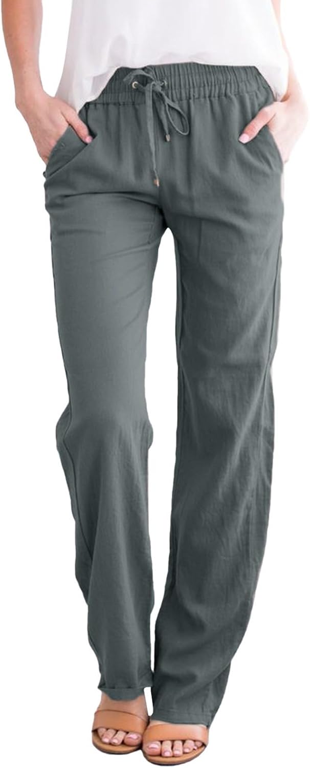 SHAOBGE Womens Casual Pants Straight Leg Drawstring Elastic High Waist Loose Comfy Trousers with Pockets Trendy Pants 2024