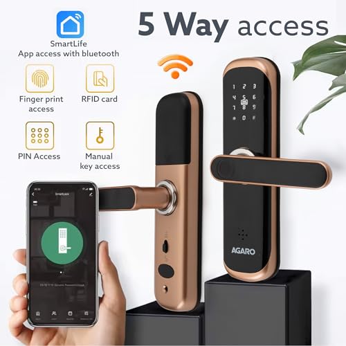 Image of AGARO Grand Smart Door Lock with Handle, Auto Lock, Unlock with Finger Print /RFID Card /PIN Access /App with Bluetooth /Manual Key Access, Digital Door Lock, Anti-Theft Lock, Home Safety, Rose Gold