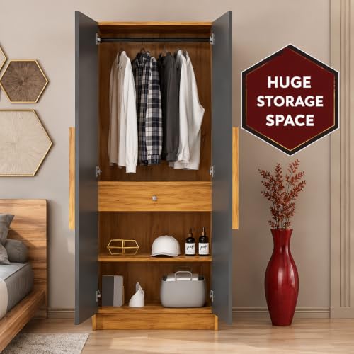 Image of Bniture 2 Door Wardrobe for Bedroom | Almirah for Clothes with 4 Shelves | Spacious Storage Cupboard for Bedroom | Wooden Wardrobe (46D x 80W x 182H CM) | 3 Years Warranty | Giant Wood & Slate Grey