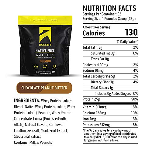 Ascent Native Fuel Whey Protein Powder - Post Workout Whey Protein Isolate, Zero Artificial Ingredients, Soy & Gluten Free, 5.7g BCAA, 2.7g Leucine, Essential Amino Acids, Chocolate Peanut Butter 4 lb - Thumbnail 7
