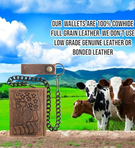 Image of F&L CLASSIC RFID Blocking Men's Tri-fold Vintage Biker Cowhide Leather Steel Chain Wallet,Snap closure, brown,eagle flag,315-101