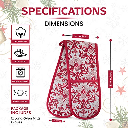 Kitchen Bbq Christmas Red Double Oven Mitts Gloves | Extra Long & Thick, Heat Resistant | Quilted Cloth Attached 1 Piece Oven Gloves | 100% Cotton Pretty Elegant Pattern Holiday Pot Holder Gift #TOP3