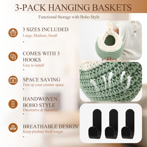 Image of Honeydak 3 Hanging Baskets, White with Sage Green, Teardrop, Cotton Rope