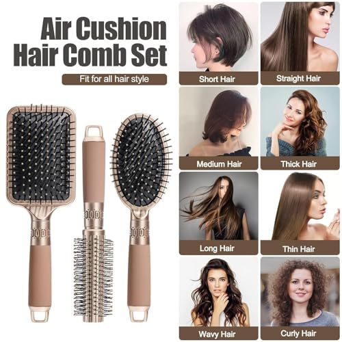 Image of FWQPRA Hair Brush for Women and Men, 3Pcs Paddle Brush Detangling Brush Hair Comb Set for Long Thick Thin Curly Hair, Hairbrush Great On Wet or Dry,(Gold)