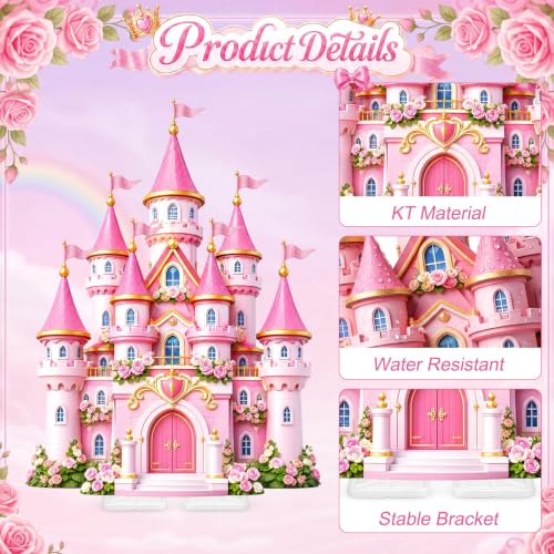 Image of Qunclay 4.5 ft Pink Princess Castle Cardboard Cutout Fairy Tale Castle Party Decoration Life Size Photo Booth Prop Standee Stand up 3D Display Backdrop Decor for Birthday Tea Party Baby Shower