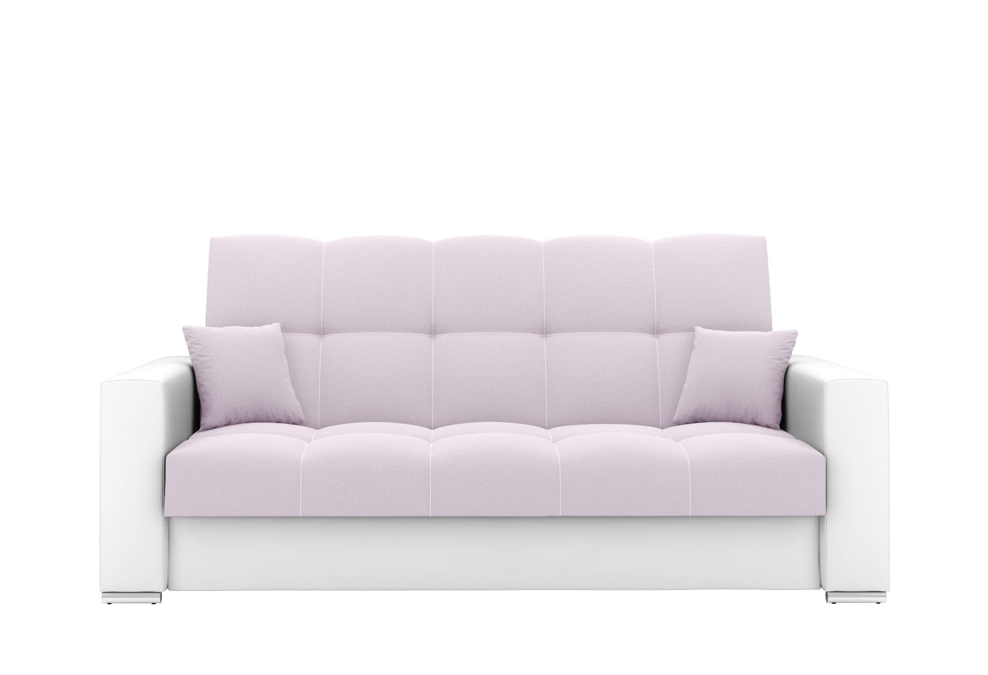 LIKMA Rozkładana Wersalka EVITA Pudrowy Róż + Biała Ekoskóra 220x91x85 cm Sofa z Funkcją Spania, Pojemnikiem na Pościel, 2 Poduszkami Tkanina Malmo + Ekoskóra