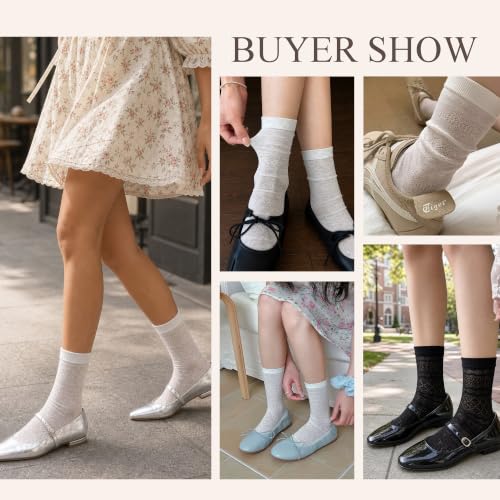 Ginmewrae Womens Lace Socks, Ruffle Crew Socks 5 Pairs Cute Breathable Cotton Casual Frilly Ultra Thin Ankle Socks for Summer - image 7