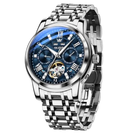 OLEVS Relógio masculino de luxo automático mecânico azul/preto/branco/cinza com diamantes turbilhão à prova d'água relógio de pulso executivo, Pulseira de aço - caixa prateada - mostrador azul